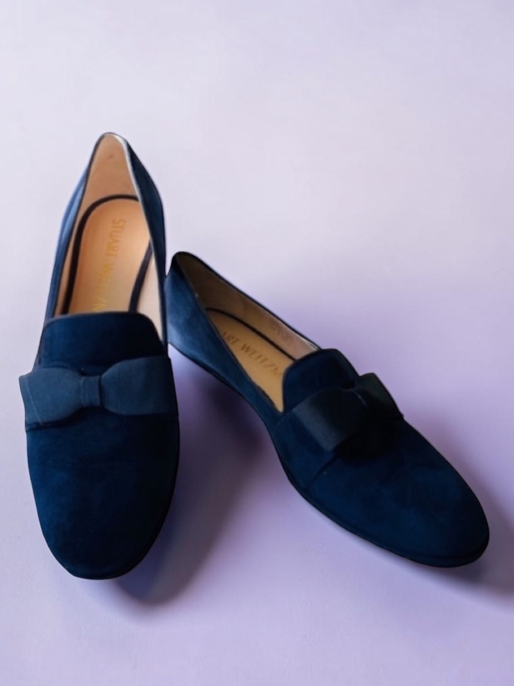 STUART WEITZMAN NEW Blue Suede Shoes Loafers Grosgrain Bows Size 8.5 AA